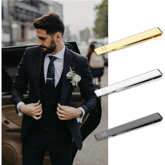 Mens Tie Clip Set Gold Silver Black Stainless Steel Letter Bar Accessories - Picture 3 of 7